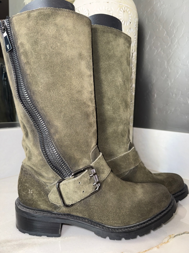 Frye Boots Olive Suede Mid-Calf Zip Buckle Boots - Women 7.5